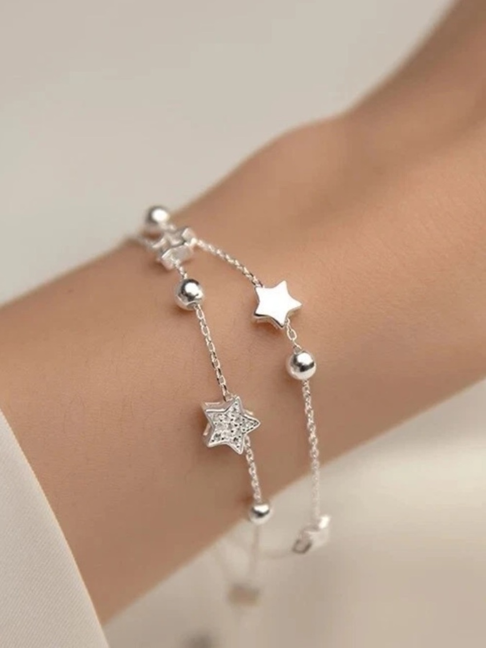 925 Silver Star Accent Double Chain Bracelet - Women Jewelry